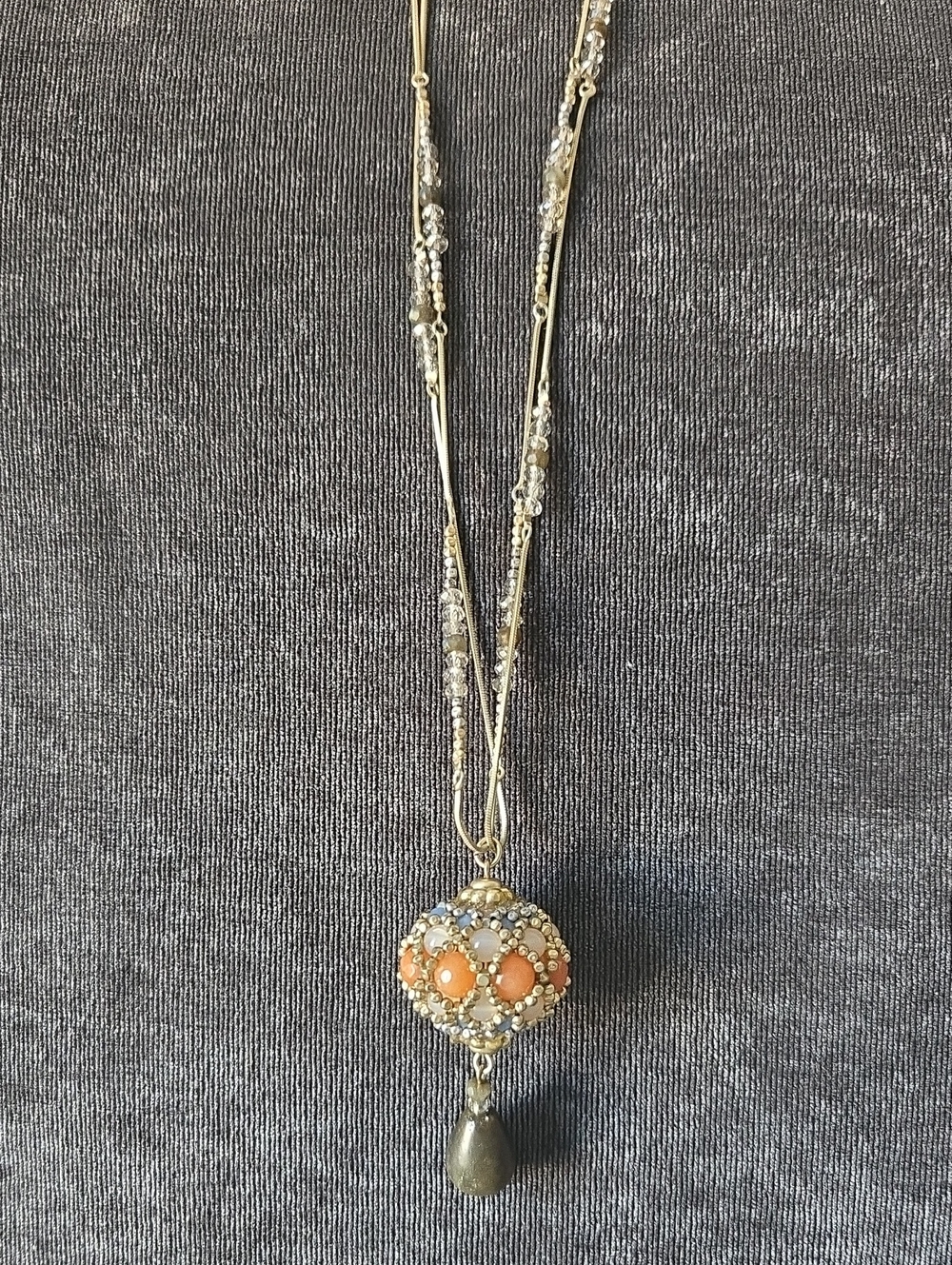 Vintage Chico's 36" - 2 Strand Goldtoned Beaded Necklace With Coral Pendant
